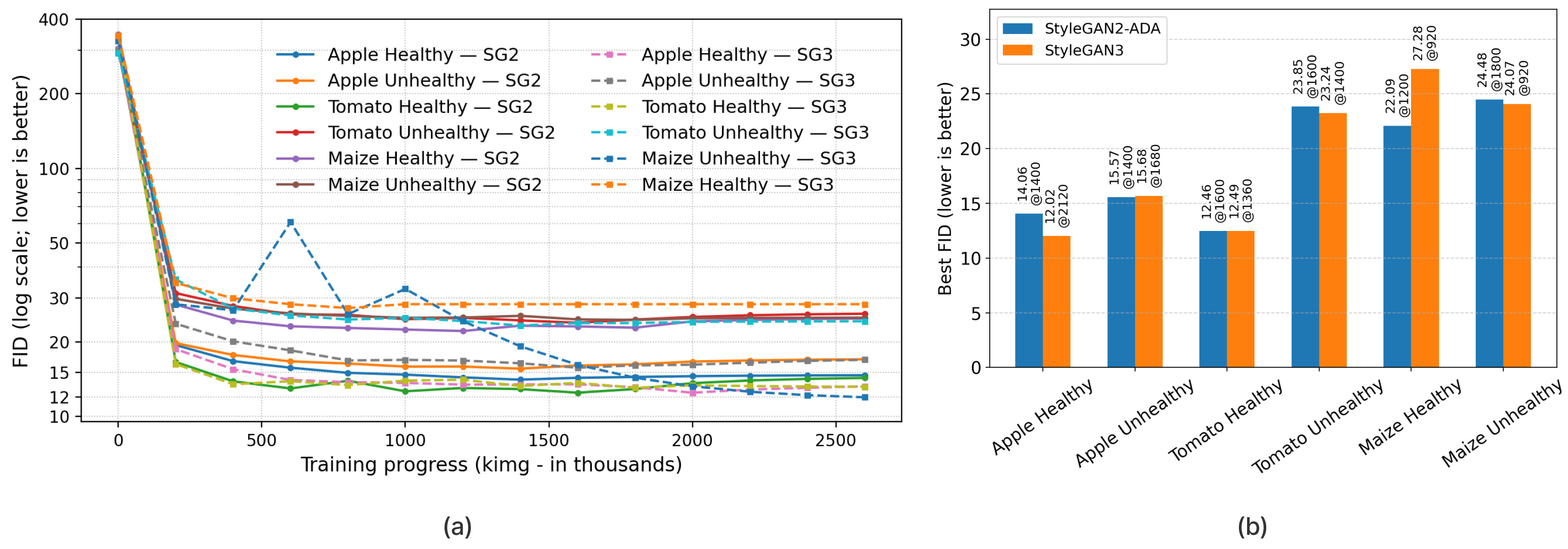 Best FID and FID trajectories for StyleGAN2-ADA vs StyleGAN3 across crops.